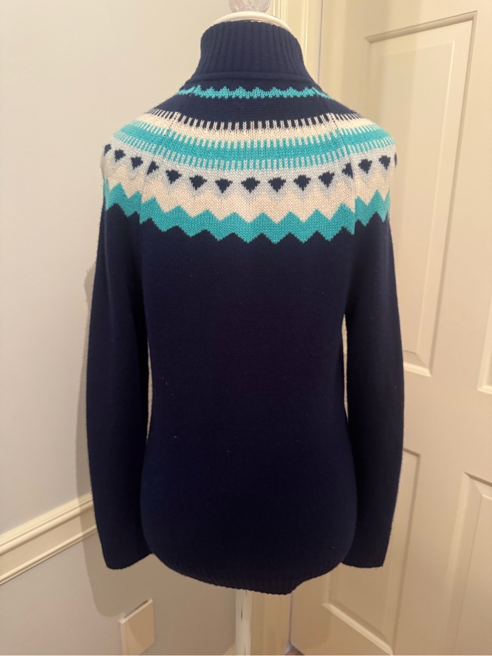 Vineyard Vines Navy Fair Isle Zip-Neck Sweater with Turquoise & White Yoke - Picture 2 of 4